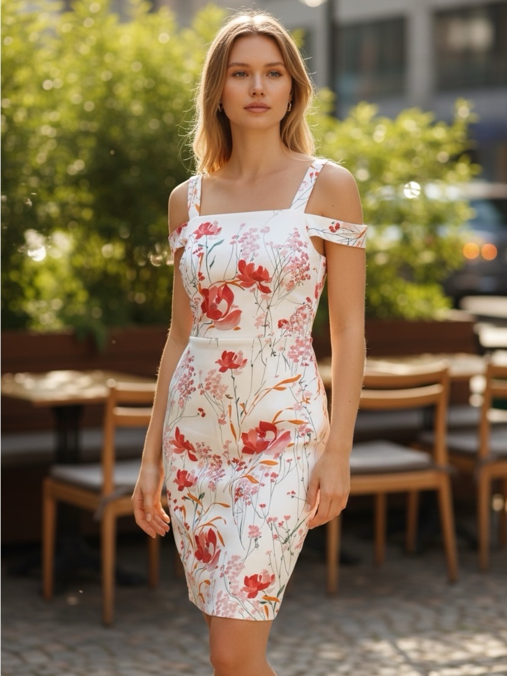 Karen Millen Cream Off-Shoulder Midi Dress with Coral Floral Print